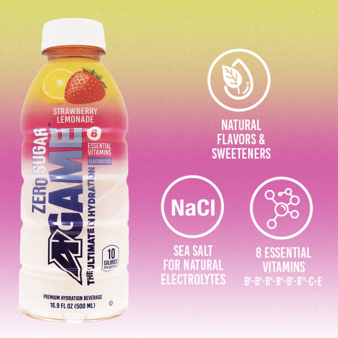 A-Game Zero Sugar Sports Drink, Strawberry Lemonade Zero, Sugar Free Hydration Sports Beverage, 8 Vitamins Plus Electrolytes, Na