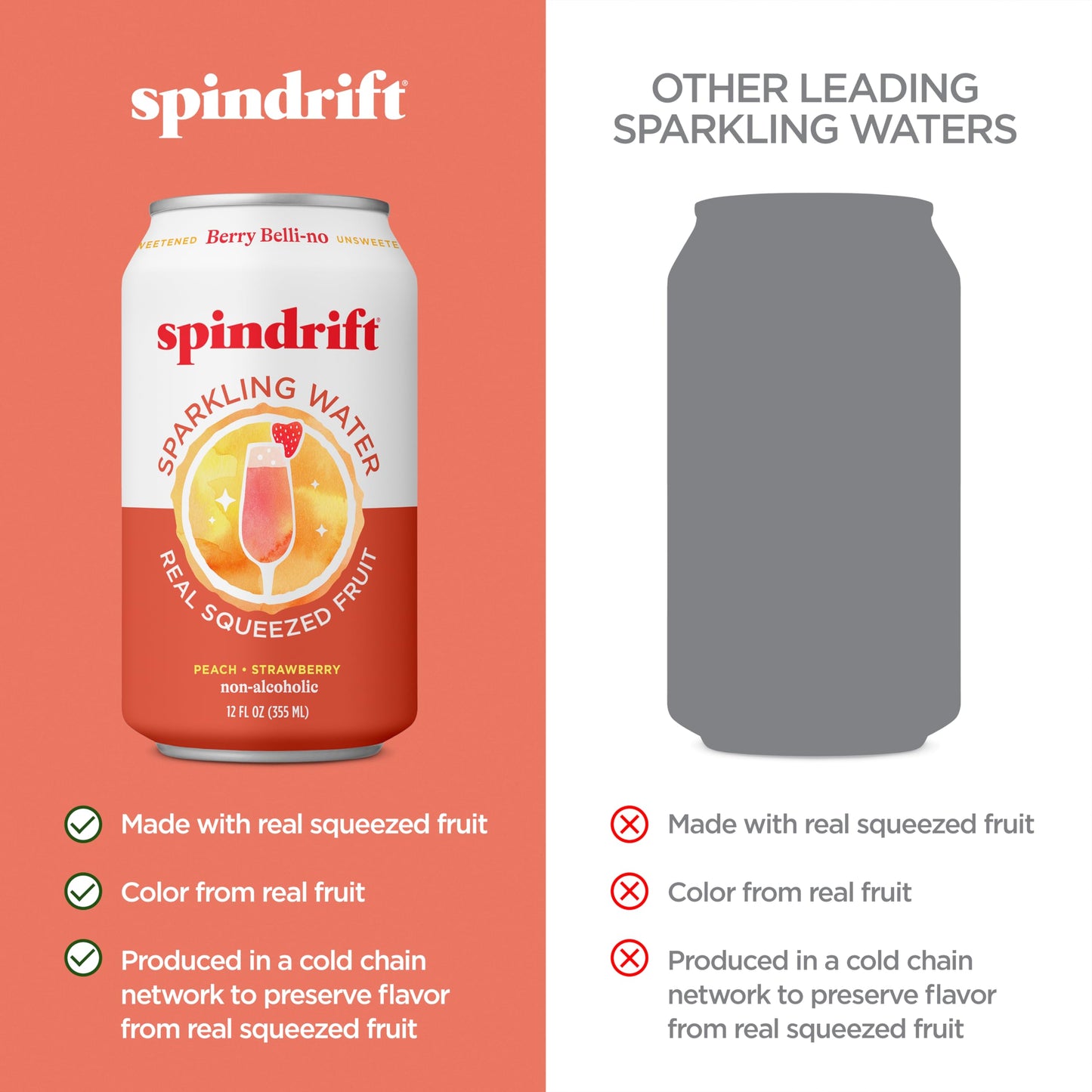 Spindrift Sparkling Water, Berry Belli-no Flavored, Made with Real Squeezed Fruit, 12 Fl Oz Cans, Pack of 24 (Only 13 Calories p