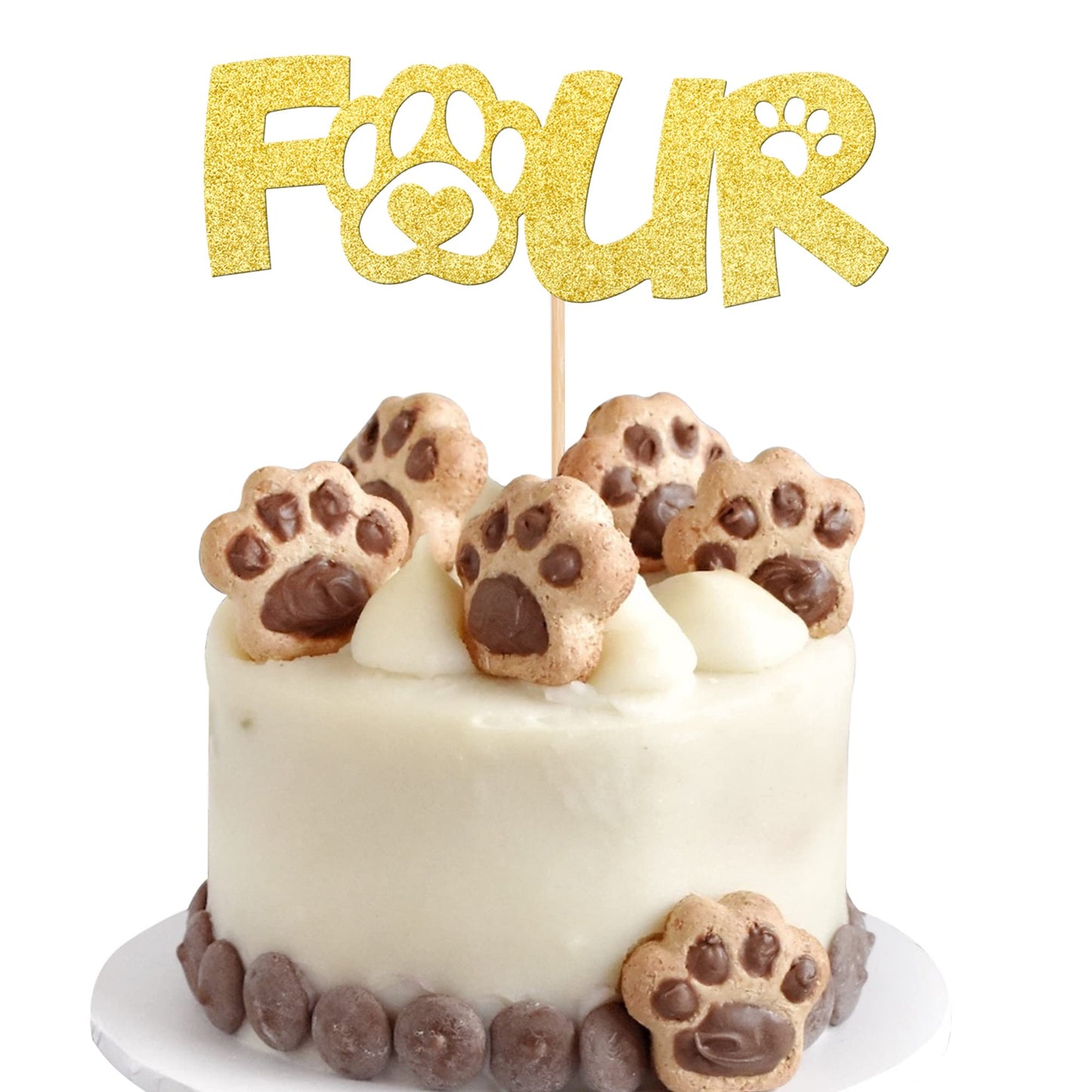 1 PCS Four Cake Topper Gold Glitter 4 Years Old Birthday Dog Paw Cake Pick for Puppy Dog Let's Pawty Theme Kids Boys Girls 4th B