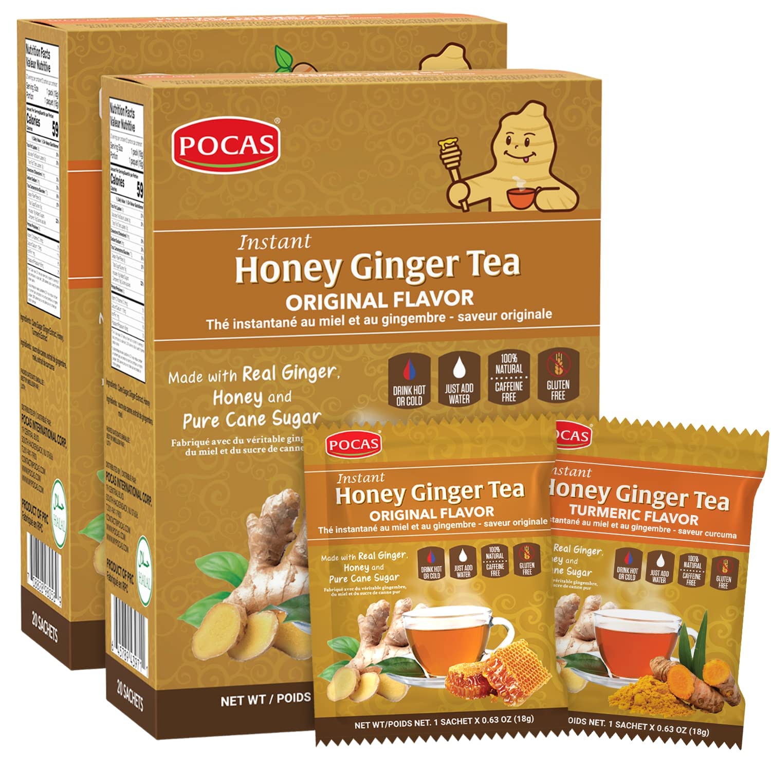 Pocas Honey Ginger Instant Tea Powder, Original & Turmeric, 40 Piece Assortment, Caffeine-Free, 20 Packets per Box