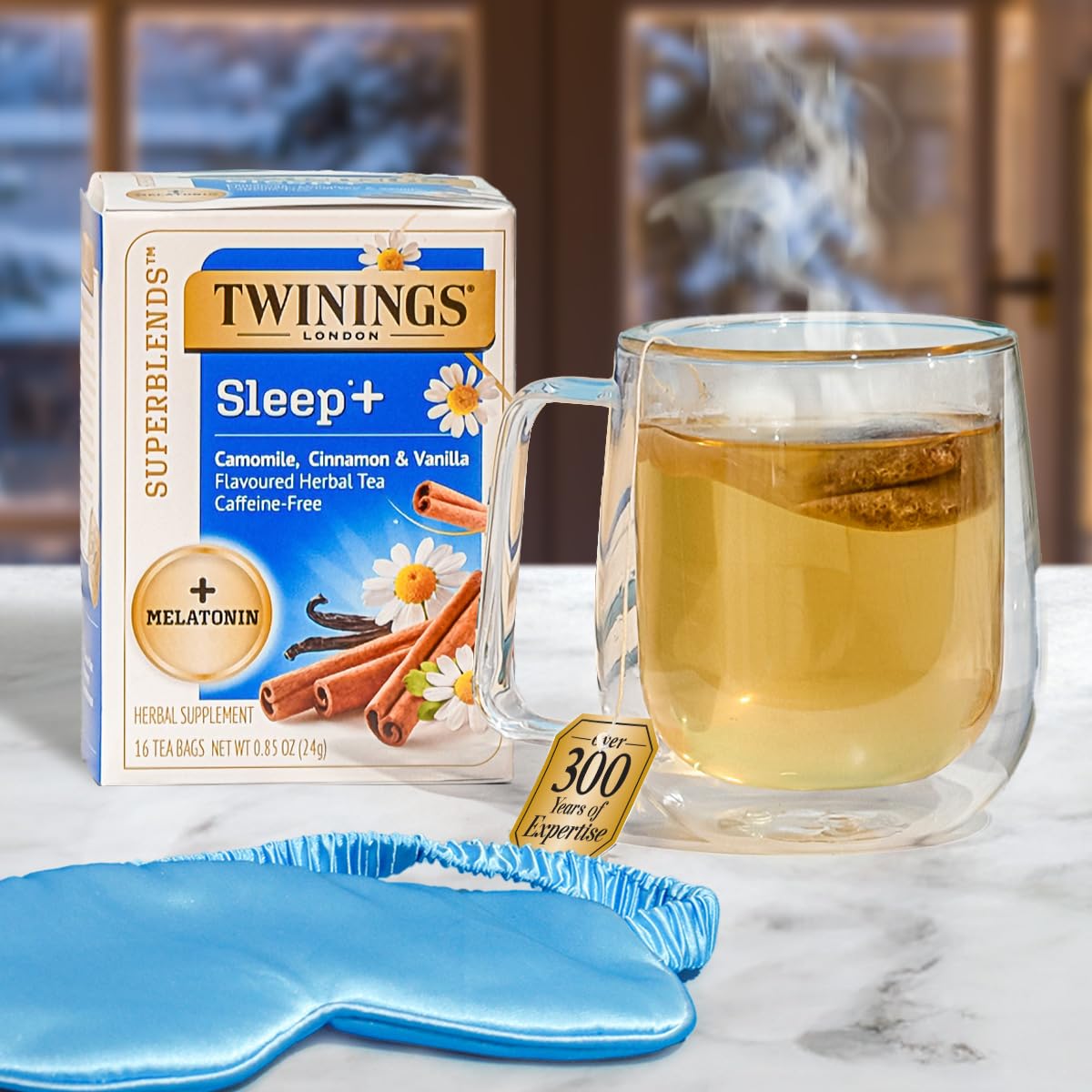 Twinings Superblends Sleep+ Herbal Tea with 1mg Melatonin Camomile  Cinnamon & Vanilla  Naturally Caffeine-Free  16 Tea Bags (Pack of 1)  Enjoy Hot or Iced