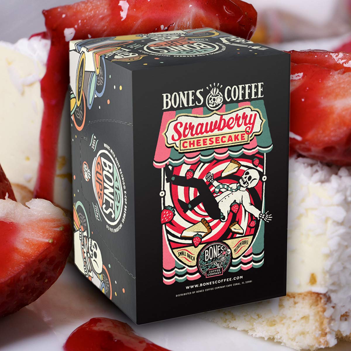 Bones Coffee Company Strawberry Cheesecake Flavored Coffee Pods, Low Acid Medium Roast Single-Serve Bones Cups, Compatible With 1.0 & 2.0 K-Cups Malt-Inspired Coffee Maker, 12 Count
