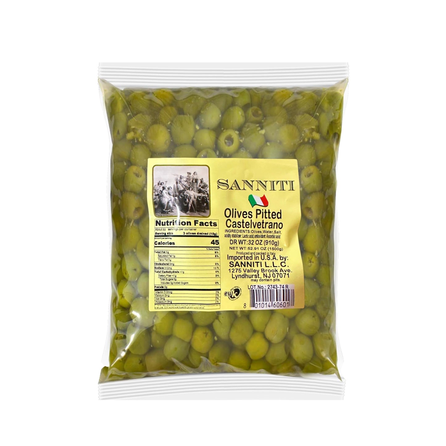 Sanniti Castelvetrano Green Olives | Sicilian Castelvetrano Olives In A Bag | Imported From Italy | Dr Wt 32 Oz (910G)  Net Wt 52.91 Oz (1500G) (Pitted)
