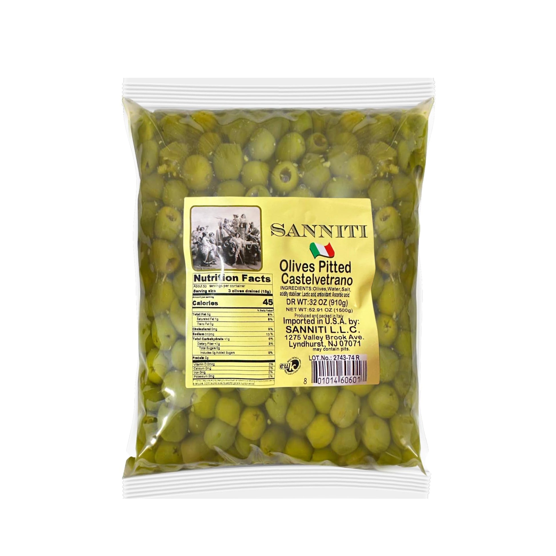 Sanniti Castelvetrano Green Olives | Sicilian Castelvetrano Olives In A Bag | Imported From Italy | Dr Wt 32 Oz (910G)  Net Wt 52.91 Oz (1500G) (Pitted)