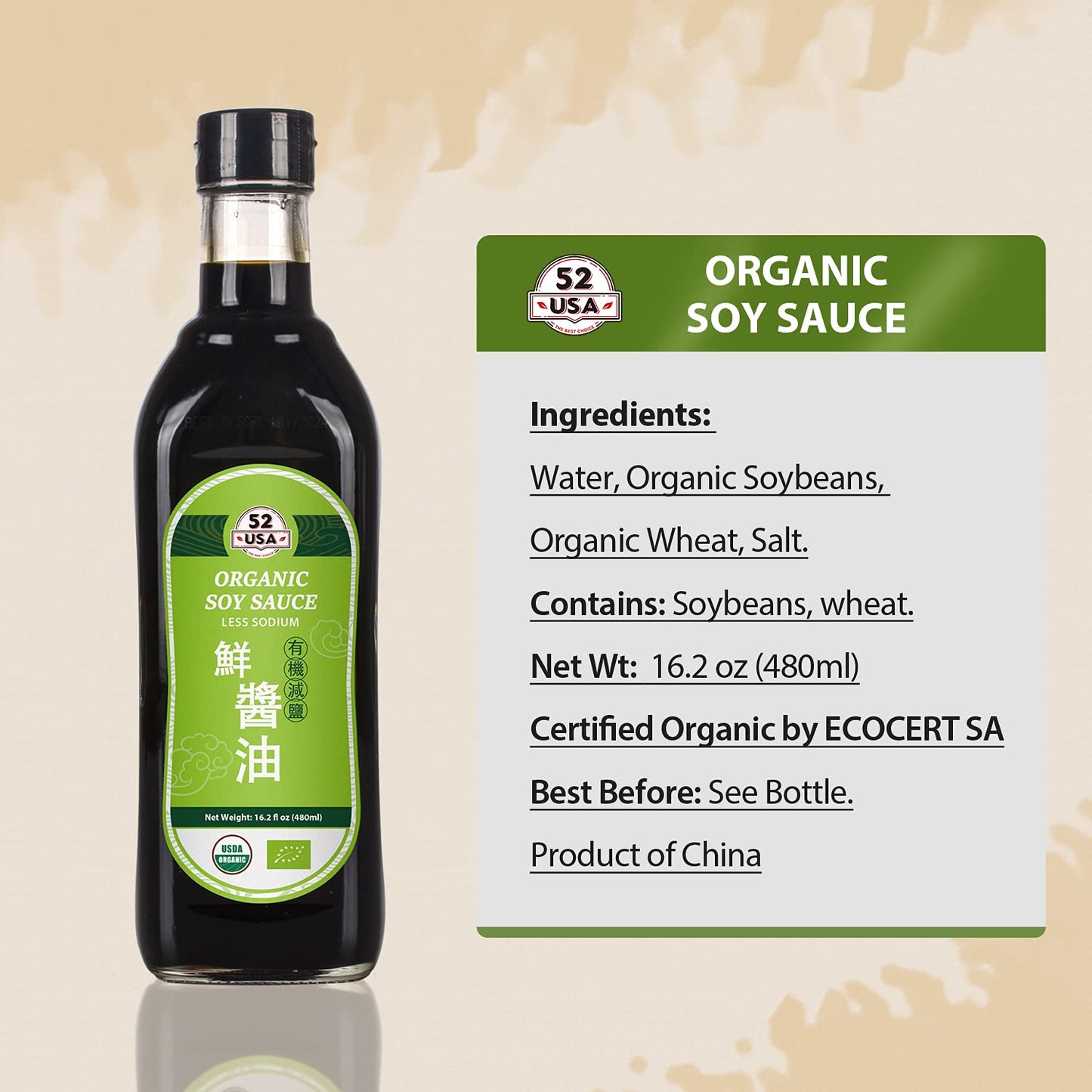 52Usa Organic Low Sodium Soy Sauce 16.2Oz(480Ml), Naturally Brewed Soy Sauce Marinade For Marinating Fish, Meat & Roasted Vegeta