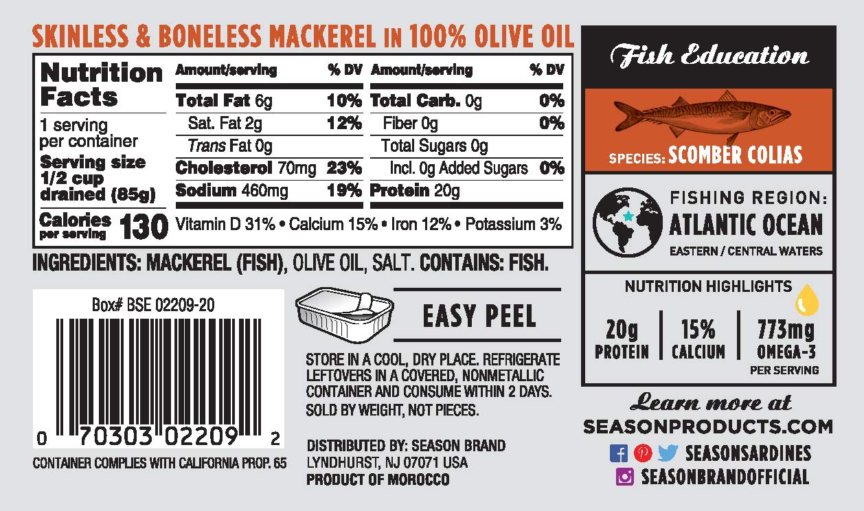 Season Mackerel in Olive Oil - Skinless & Boneless, Wild Caught, Keto Snacks, Canned Mackerel Fillets, Full of Vitamins, Low in