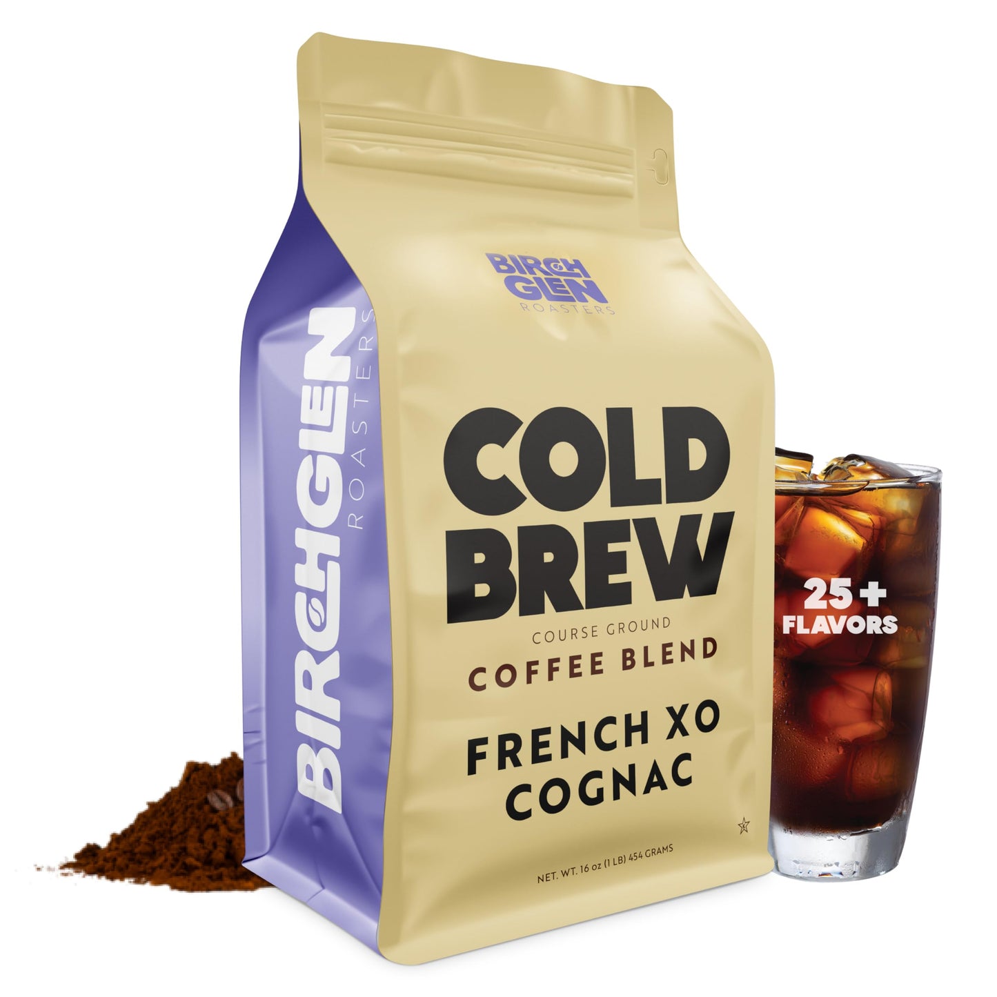 1 Lb French Xo Cognac Flavored Cold Brew Coffee Blend, Coarse Ground Colombian - Birch Glen Roasters - 16 Oz Resealable Bag Main
