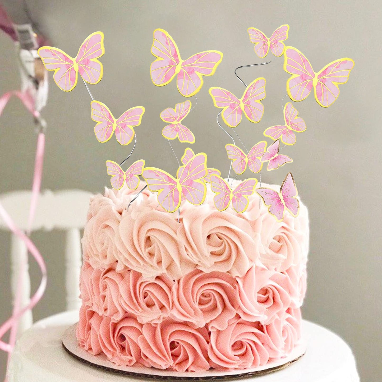 66 Pcs Butterfly Cupcake Toppers Birthday Party Decor,Pink Gold Cake Topper Picks Decor For Girls Women Wedding Birthday Party B
