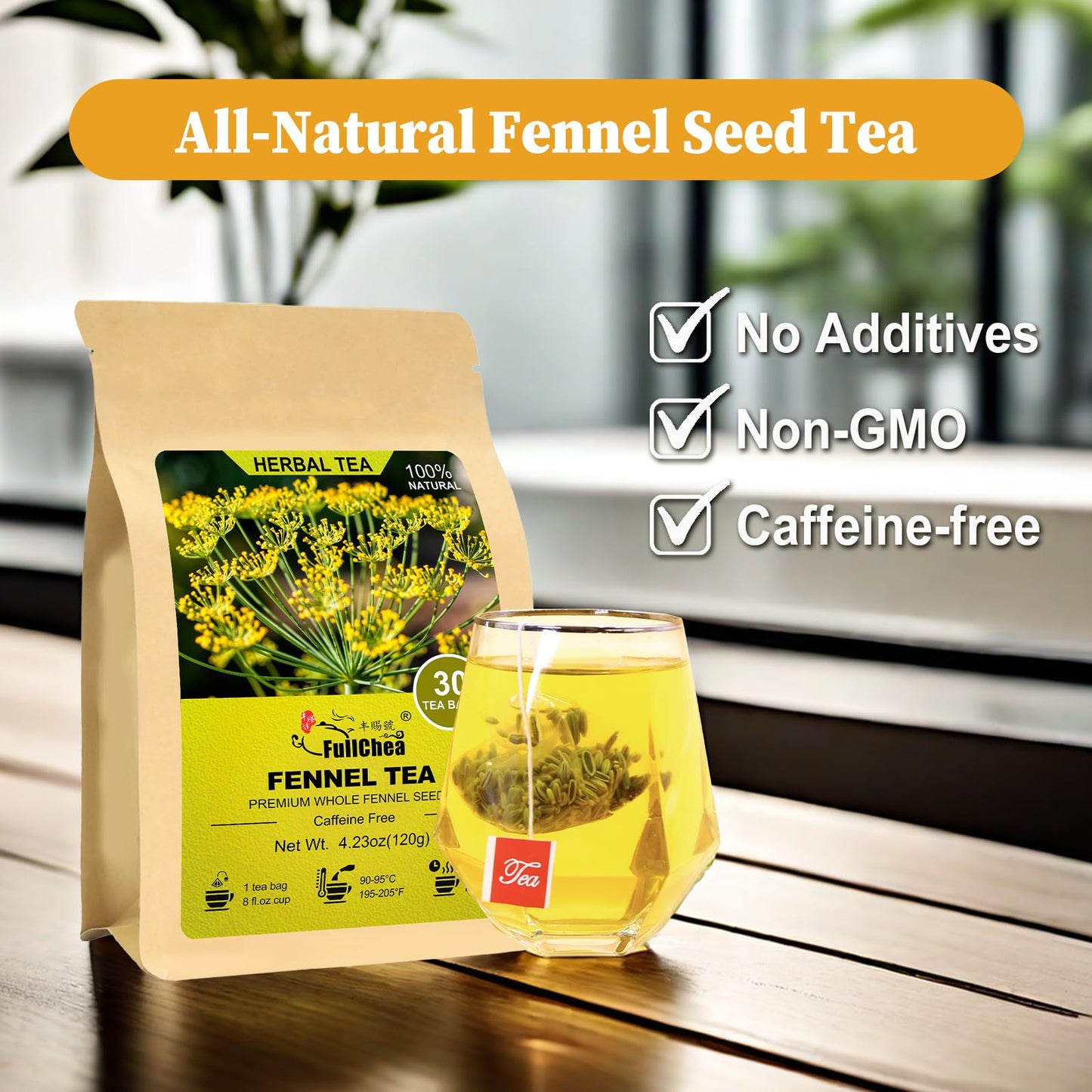 FullChea Fennel Tea Bags - Non-GMO, Caffeine-free, Helps Digestion - 30 Count