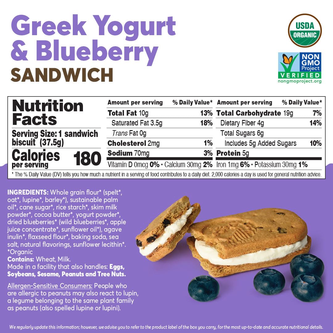 Olyra Greek Yogurt Blueberry Sandwich Breakfast Biscuits, Healthy Snacks for Adults and Kids, Low Sugar, High Fiber, Organic Coo
