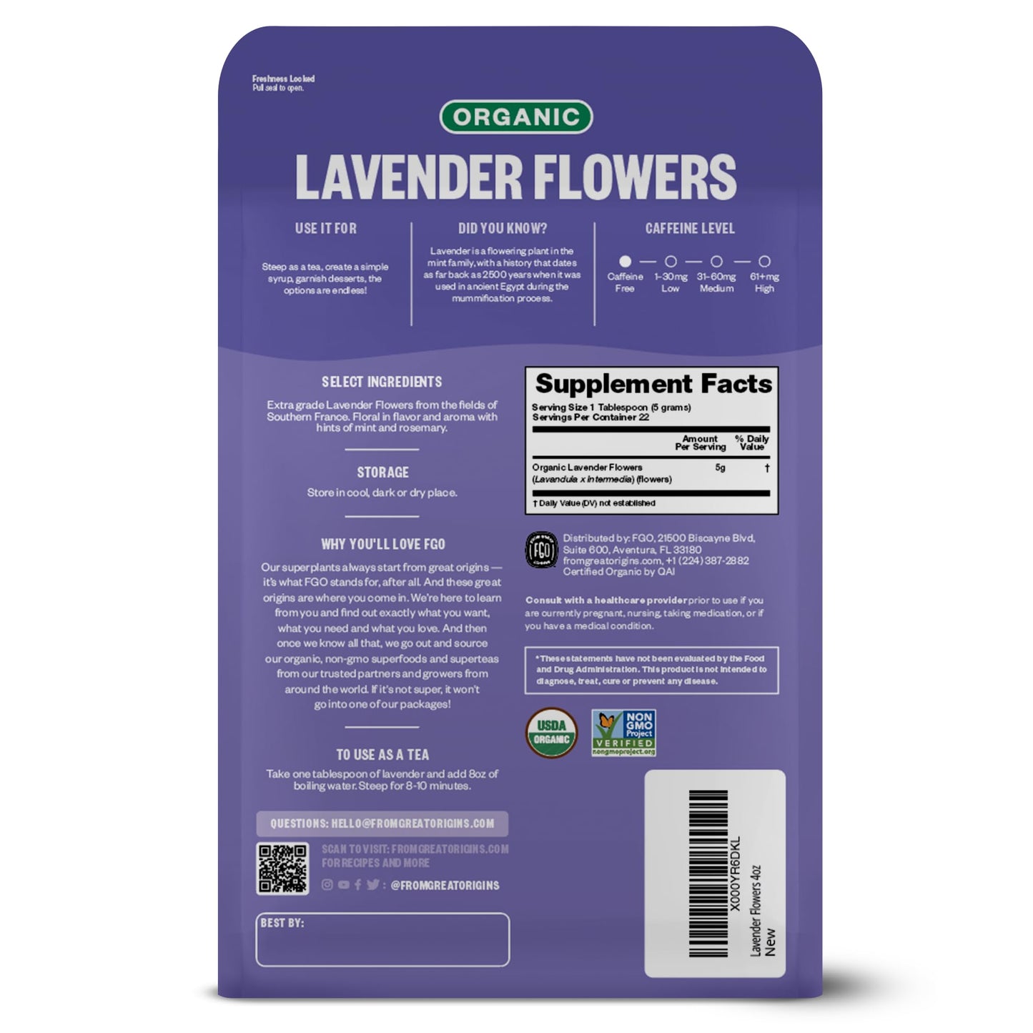 FGO Organic Dried Lavender Flowers, Extra Grade Dried Buds, Imported From France for Culinary or Sachet Bags, 4oz, Packaging May