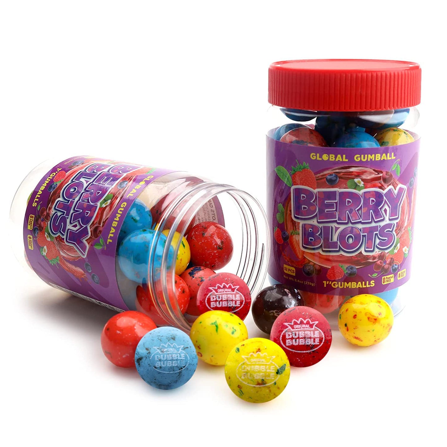 Gumballs In Jar- Berry Blots Gumballs - 1 Inch Large Chewing Bubble Gum - Big Fruity Gum For Kids 0.55 Lb - 32 Pcs Gum For Kids