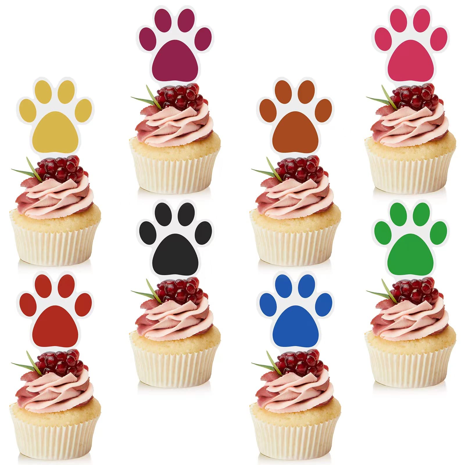 Weecent 48 Pcs Paw Cake Topper - 8 Color Paw Print Cupcake Topper Dog Birthday Party Supplies Dog Cupcake Toppers Pet Puppy Dog