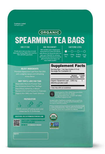 Fgo Organic Spearmint Leaf Herbal Tea, 20 Count, Eco-Conscious Tea Bags, Caffine Free, Resealable Bag, Packaging May Vary (Pack