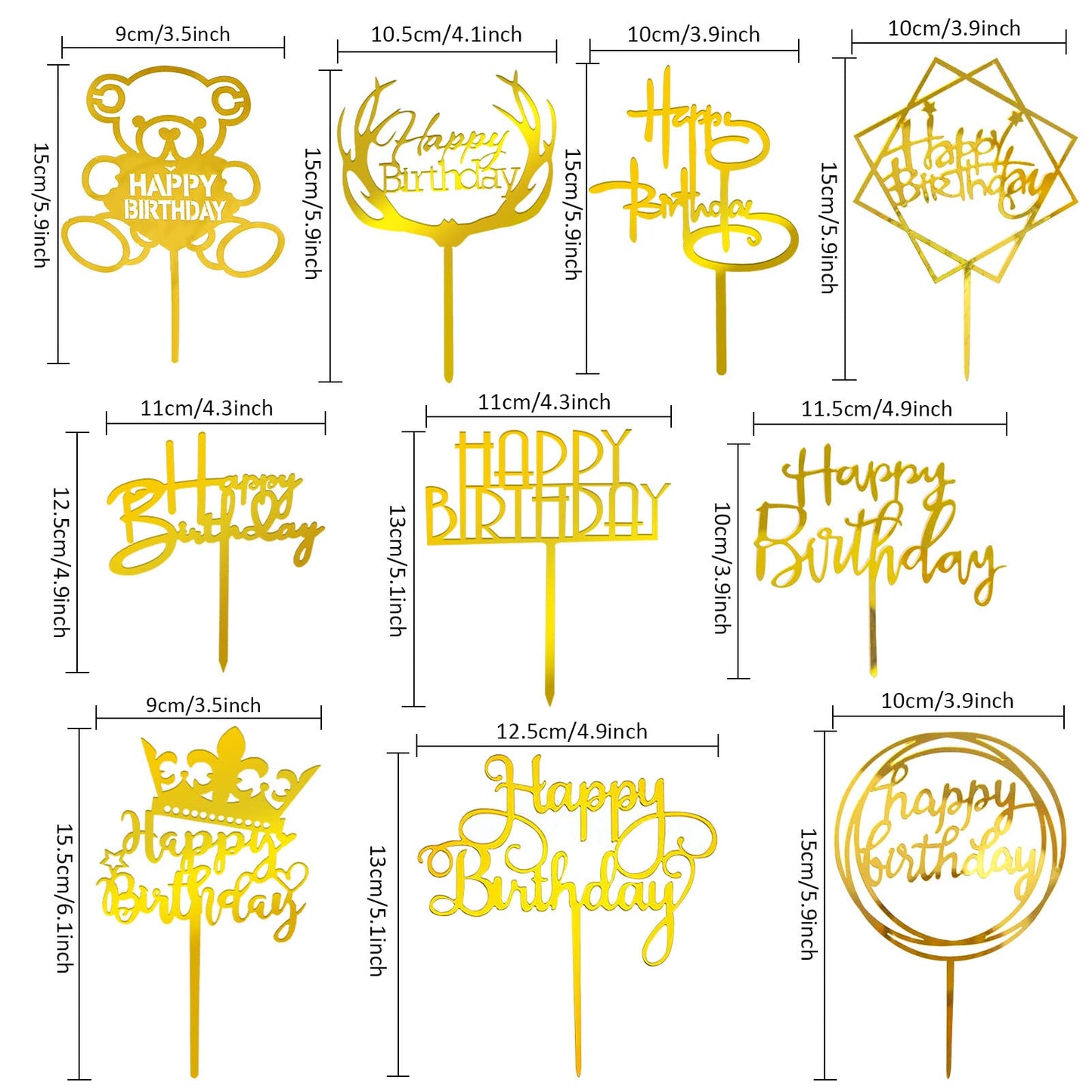 Happy Birthday Cake Topper, 20Pcs Gold Acrylic Happy Birthday Sign Cupcake Toppers Set For Boys Girls Women Men Birthday Party D