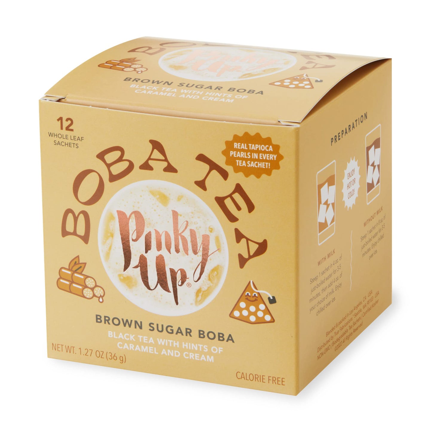 Pinky Up Brown Sugar Boba Tea Sachets - Calorie Free Whole Leaf Black Tea Bubble Tea - Boba Gift 12 Biodegradable Tea Bags