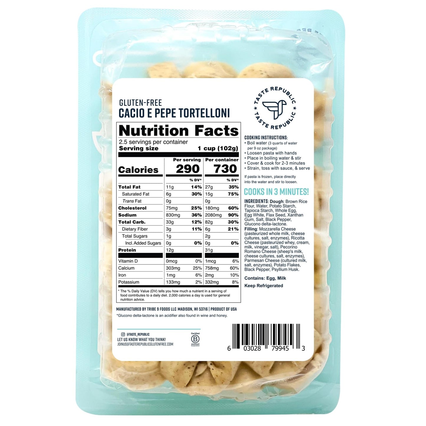 Gluten-Free Tortelloni, Cacio e Pepe, Fresh Stuffed Pasta Cooks in Just 3 Minutes by Taste Republic, Frozen, 9oz (6 pack)