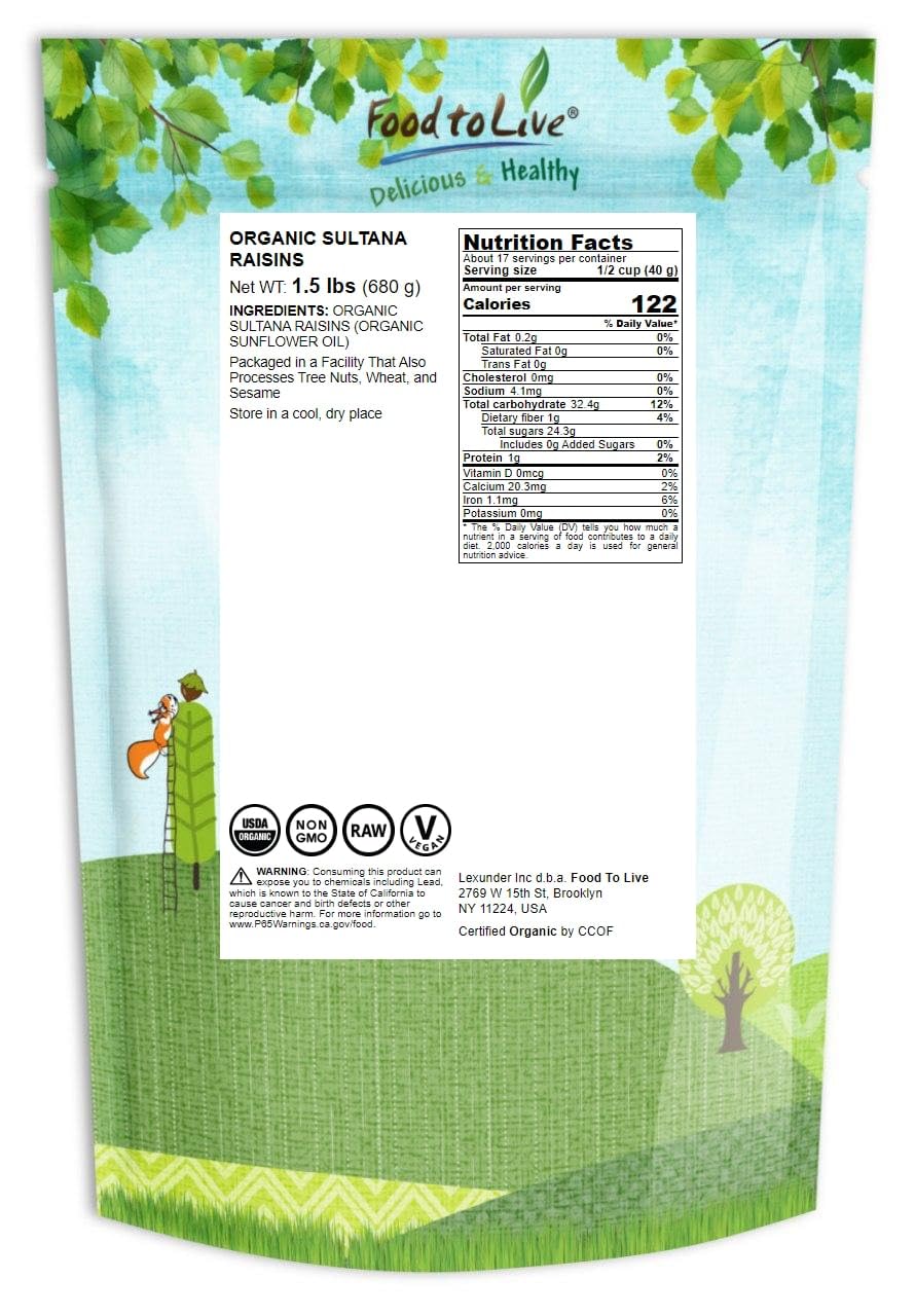 Organic Sultana Raisins, 1.5 Pounds - Non-GMO, Unsweetened, Unsulfured, Lightly Coated with Organic Sunflower Oil, Vegan, Paleo