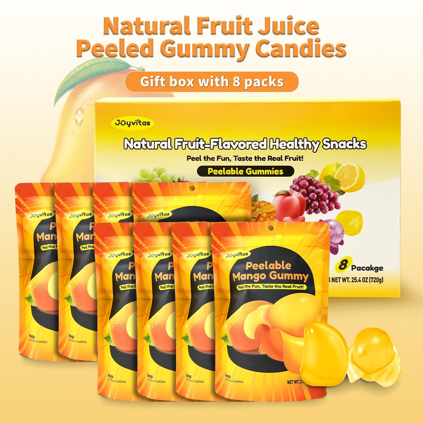 Joyvitas Peelable Gummy Mango Candy - Low Sugar, Individually Wrapped, Pack of 8 (25.4oz) - Perfect for Christmas Gifts and Stocking Stuffers