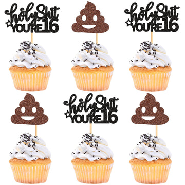 Keaziu 24 Pack Holy Shit You Are 16Th Cupcake Toppers Sweet Sixteen 16 Happy 16 Cupcake Picks For 16Th Birthday Wedding Annivers