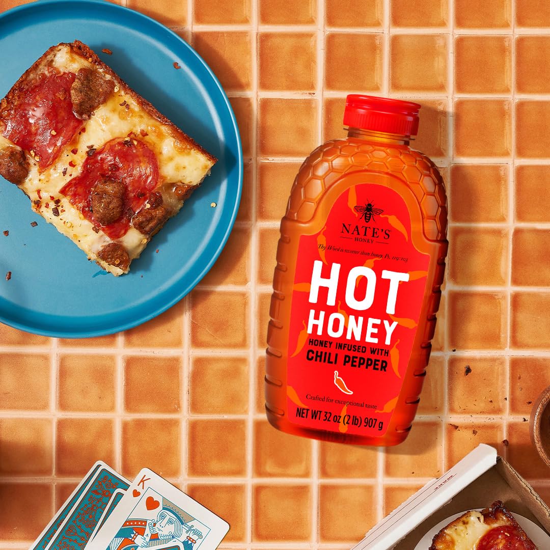 Nates Hot Honey - 100% Pure Honey Infused with Habanero Chili Pepper Flakes, Award-winning Taste - 32 oz Squeeze Bottle
