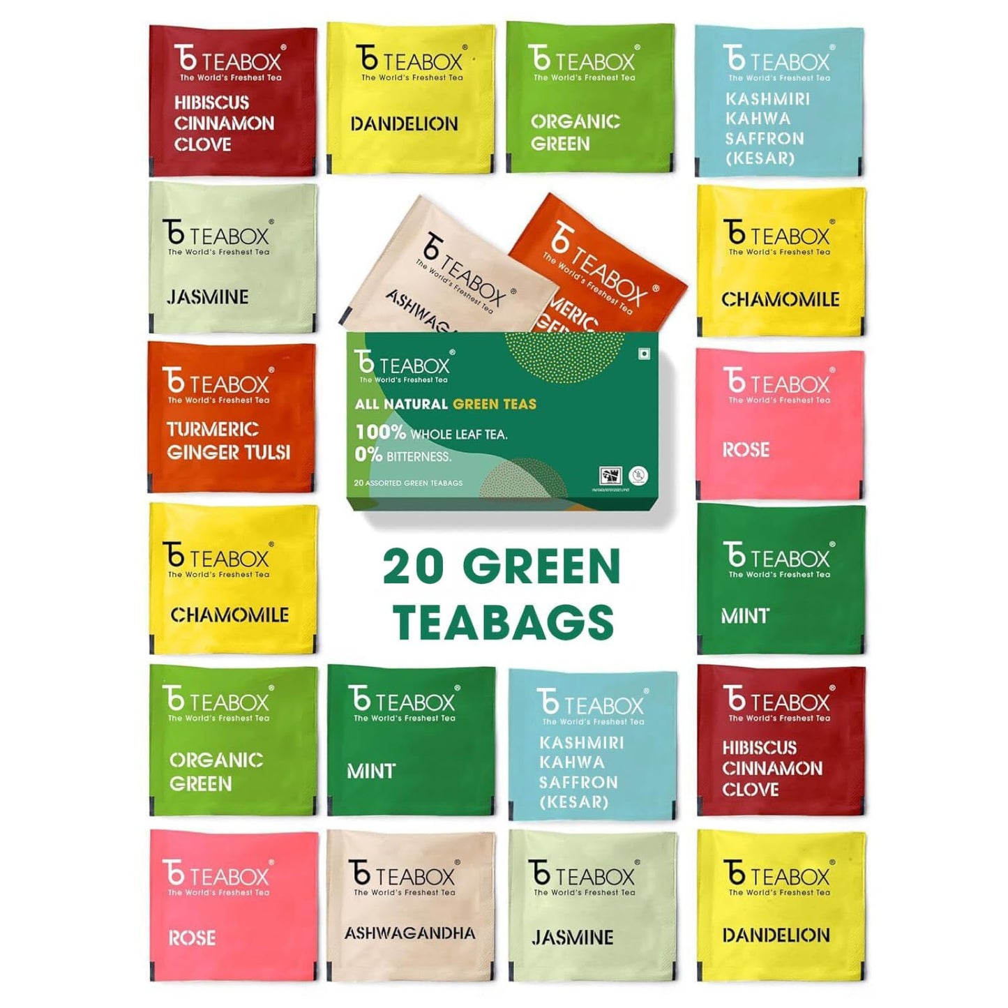 Teabox Green Tea Sampler Bags | 100% Natural I Immunity Boosting Sampler Pack | Usda Certified Organic Green Tea (20 Count (Pack Of 1))