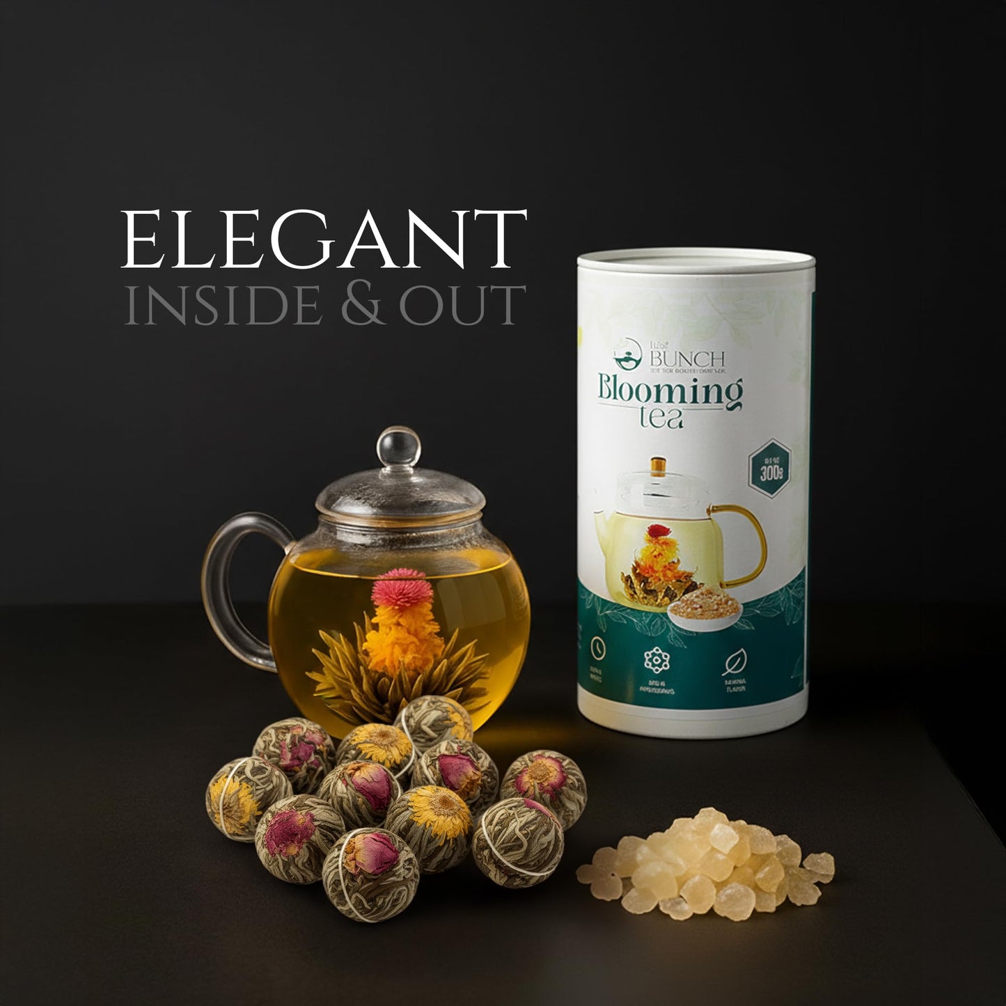 Tea Bunch Blooming Flower Tea Set – 12X2 Hand-Tied Organic Green Tea Balls With 24 Packs Of Rock Sugar, Gift-Ready Packaging, Calming Floral Tea For Wellness & Relaxation (Glass Teapot Not Included)