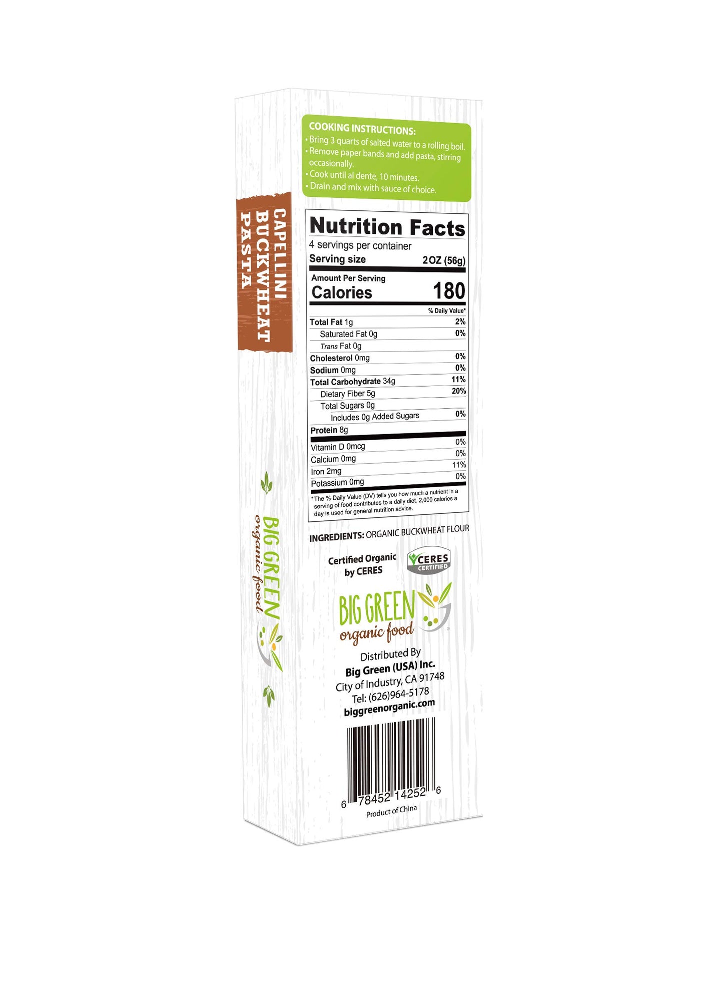 Big Green Organic Food- Organic Buckwheat Capellini, 8.8Oz, 100% Buckwheat, Gluten-Free, Non-Gmo (1 Pack)