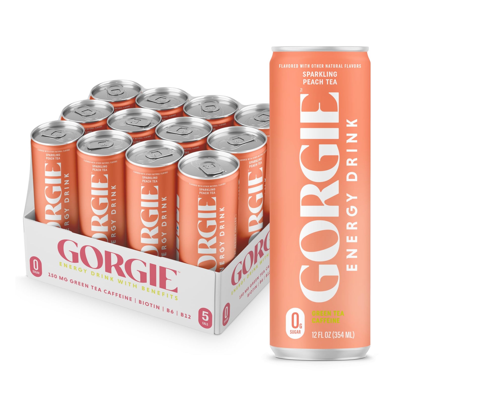 GORGIE Sugar Free Natural Energy Drinks, Peach, 12 Pack, Vegan, 150mg Caffeine, Low Calorie