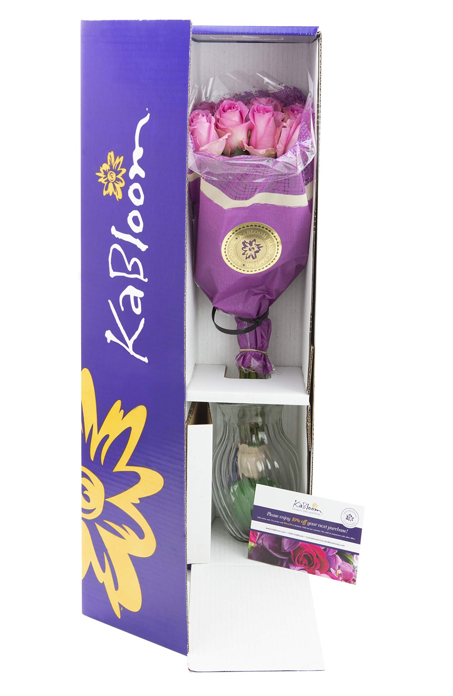 KaBloom Fresh Pink Roses Bouquet - 12 Long-Stem Flowers with Vase - Mothers Day Gift, Model KADF1390-V118-A999