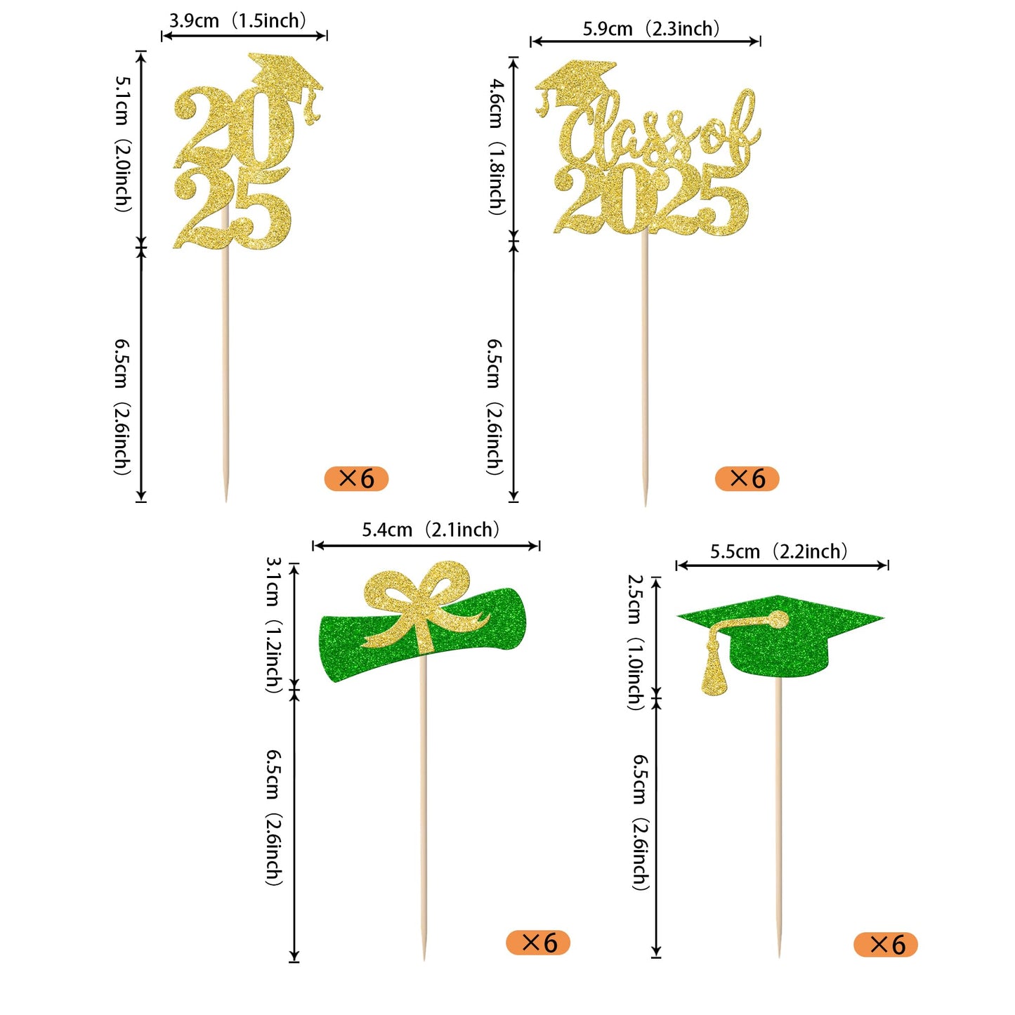 YCTHUNFISH 24 Pack Cupcake Toppers Gold Green Glitter 2025 Graduation Diplomas Grad Caps for Party Decorations