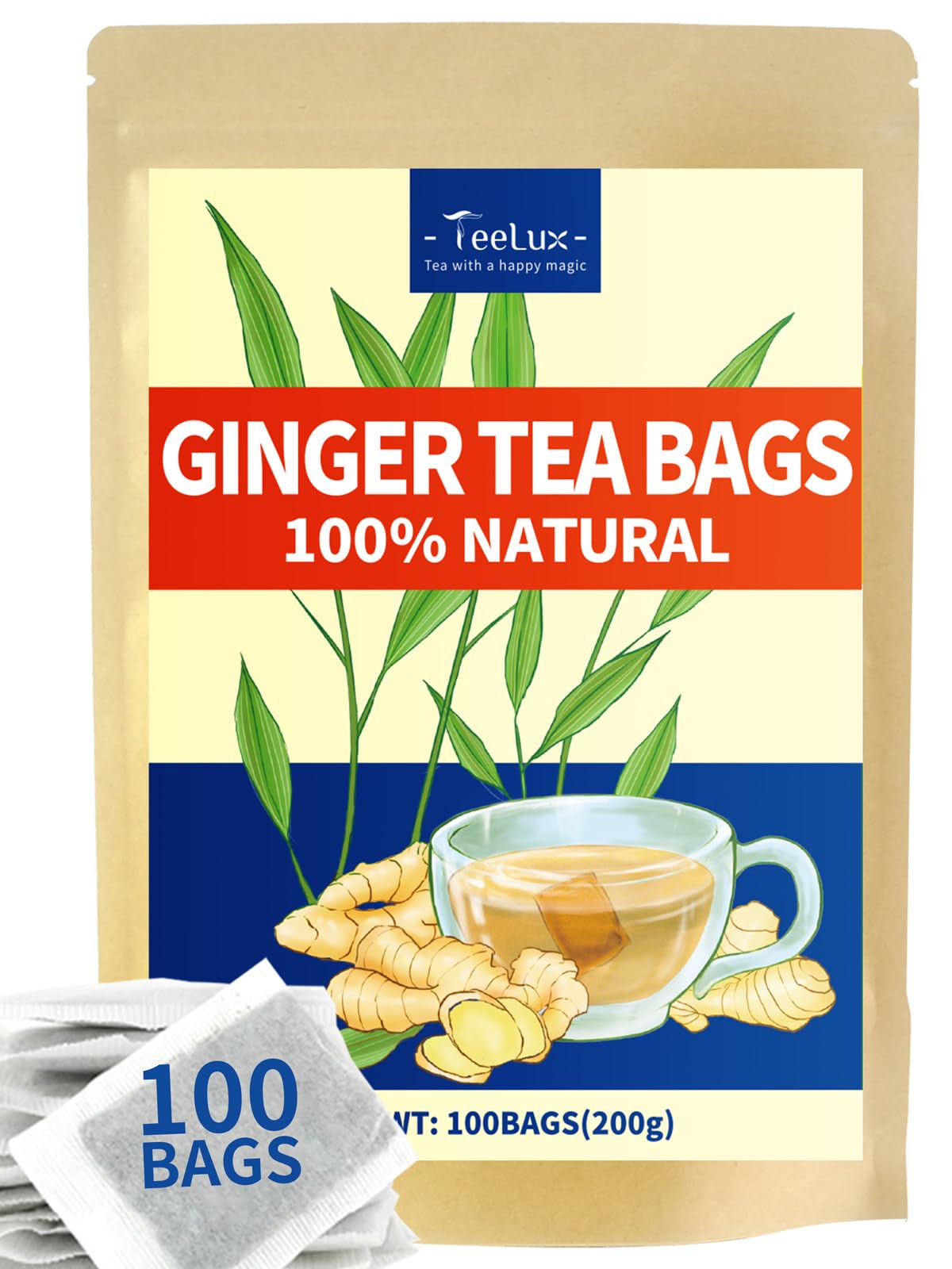 TeeLux Ginger Tea Bags, Caffeine Free, Spicy & Zesty Flavor, 100 Count