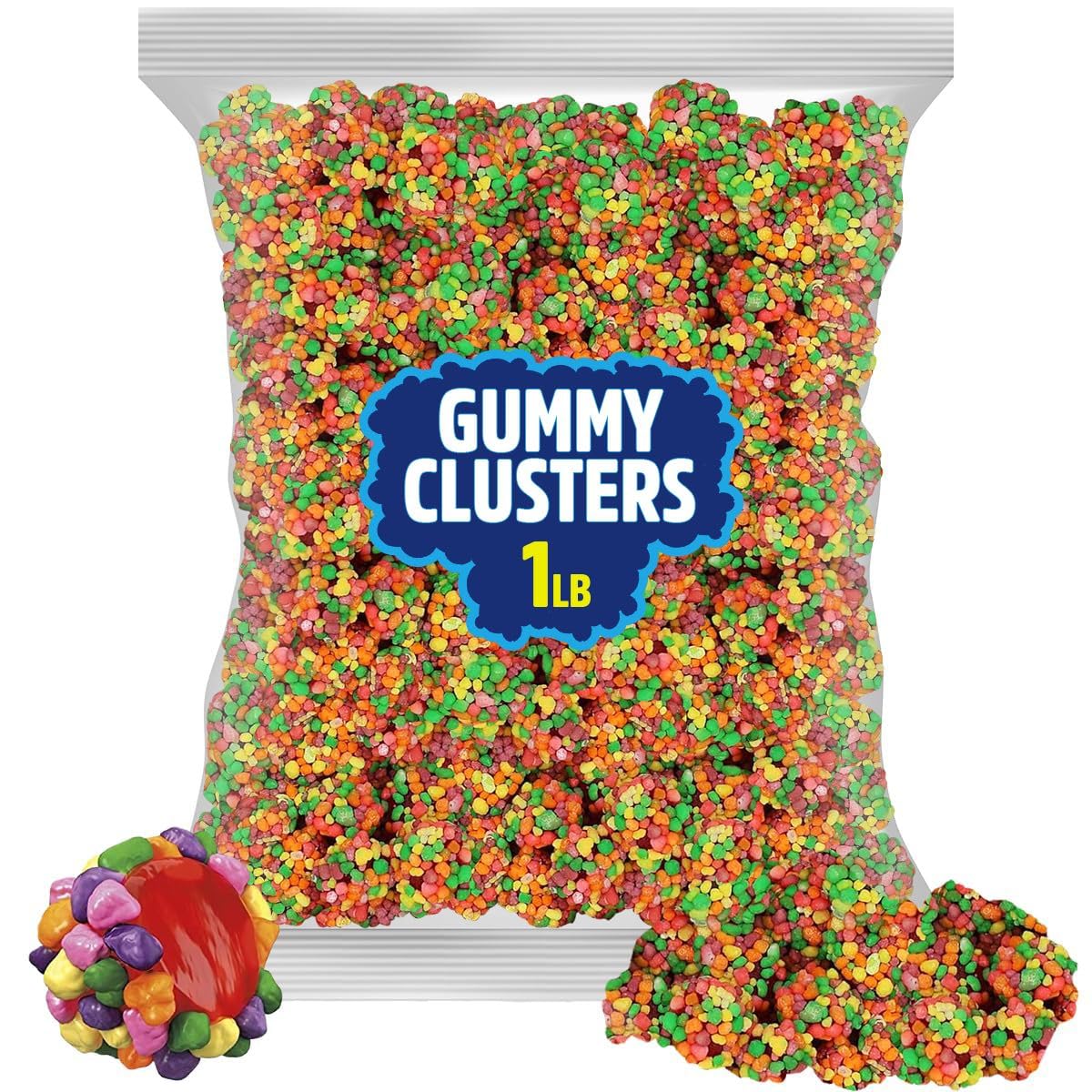 Gummy Clusters Candy - Tangy, Sweet & Crunchy Bite-Sized Treats | Fruity Strawberry, Grape, Orange & Lemonade Mix | 1lb Bulk Bag