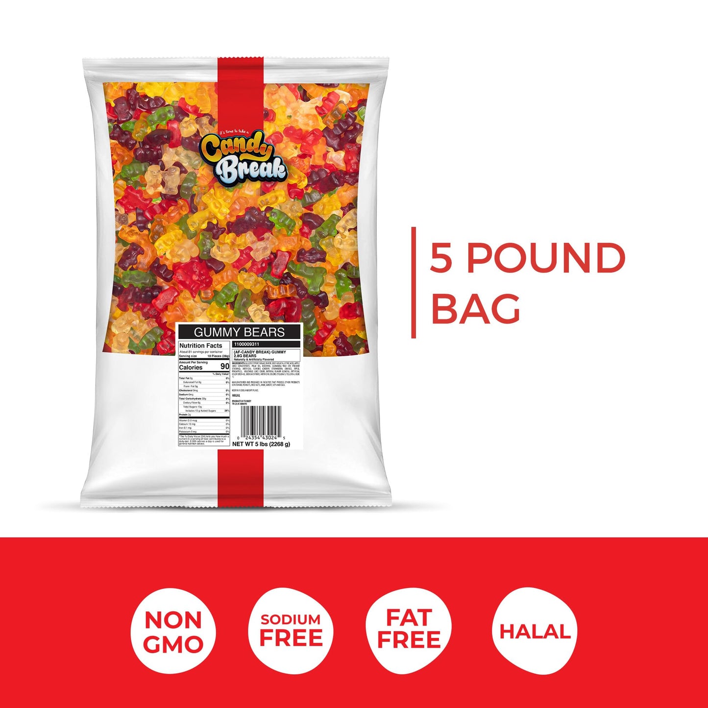 Candy Break Fruity & Sweet Six Flavor Gummy Bears 5 lbs Share Size Bag - Chewy Gummy Bulk Candy Vairety Pack - Snacks for Kids &