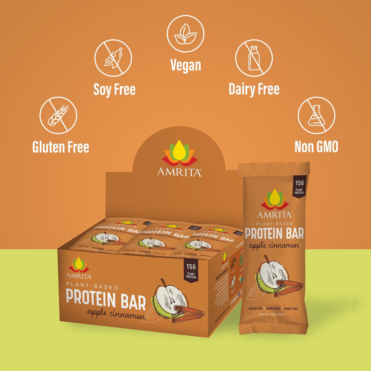 Amrita Apple Cinnamon Vegan Protein Bars, 15g Plant-Based Protein, Gluten-Free, 12 Count (Pack of 3)