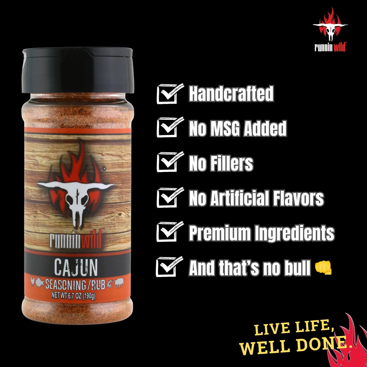 RunninWild Gourmet Cajun Seasoning, Premium Rub for Chicken, Fish, Shrimp, Pork, 6.7 oz, No Preservatives, No MSG