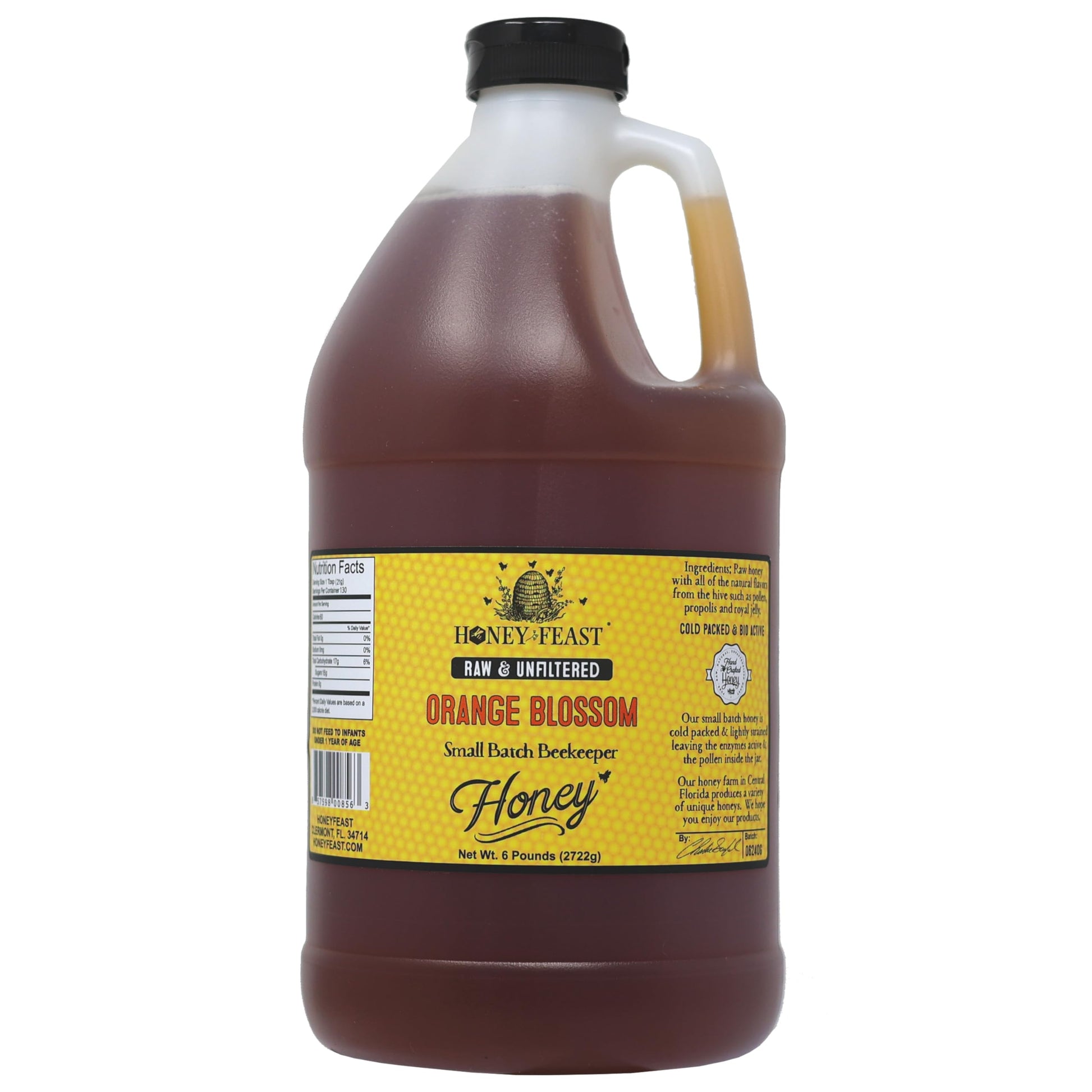 Honey Feast Raw Orange Blossom Honey - All Natural, Unfiltered, Unheated - 6lb (96 Ounce) Bulk Honey