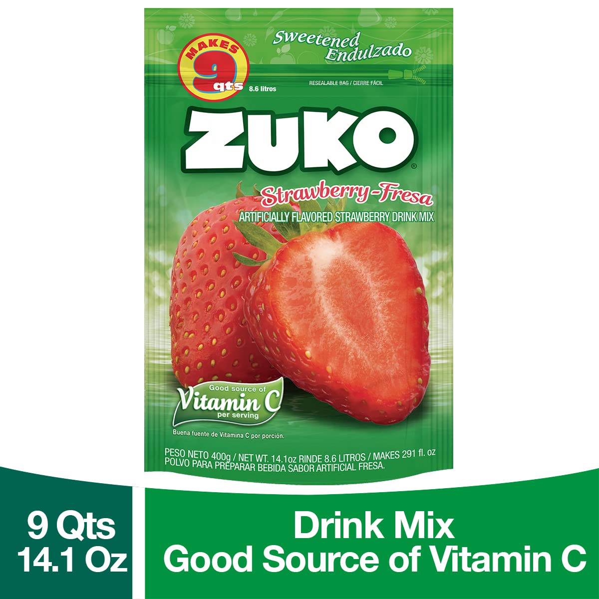 Zuko Strawberry Instant Powder Drink | Family Pack | No Sugar Needed | Vitamin C | 14.1 Ounce (Pack of 2)