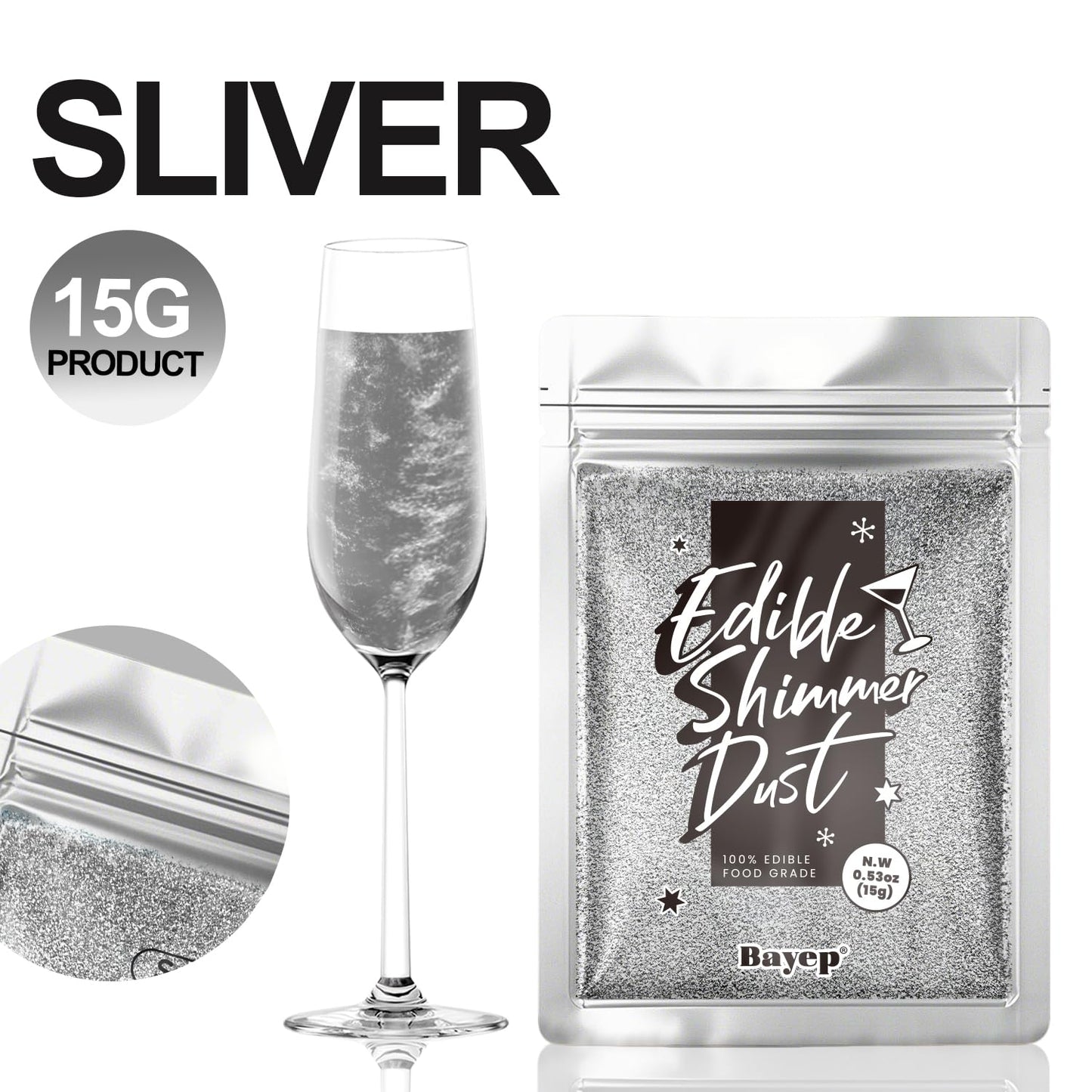 Sliver Edible Glitter For Cocktails Luster Dust Edible Cake Glitter 15G Food Grade Drinks Glitter Shimmer Powdered For Cake Cupc