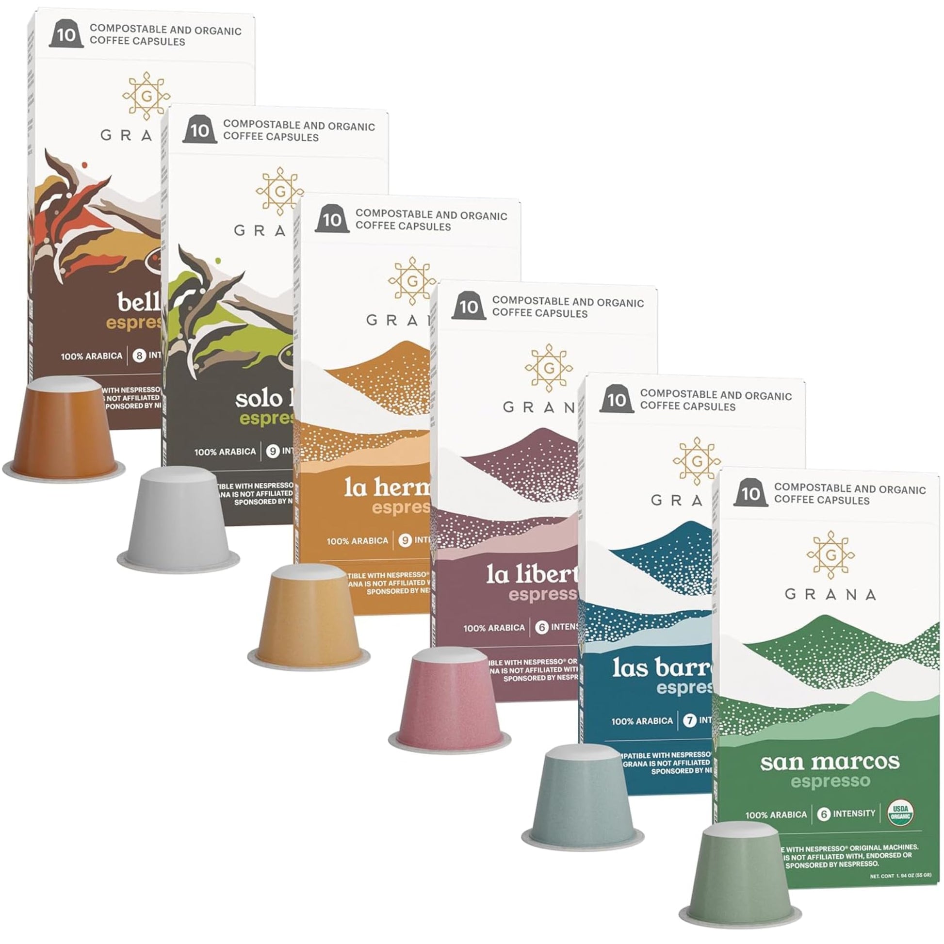 G Grana Coffee Pods, Nespresso Compatible, Variety Pack, Medium & Dark Roast, 60 Count, USDA Organic 100% Arabica, Compostable Capsules
