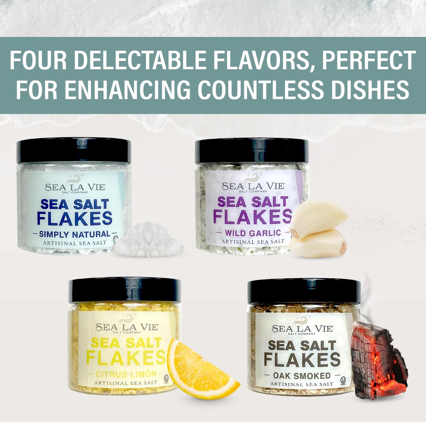 Sea La Vie  Salt Flakes  Set of 4 x 3.5 oz  Variety Pack  Kosher Handcrafted Gourmet Flakey Finishing Salt Pyramids from the Mediterranean Sea