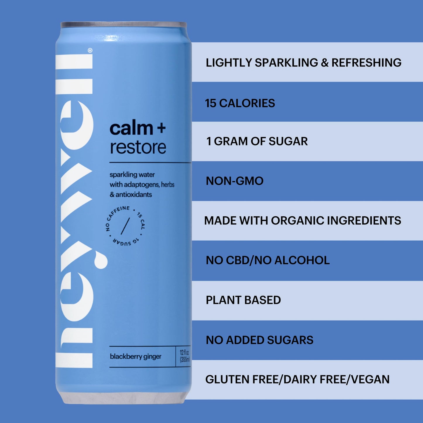 Heywell Sparkling Adaptogenic Water Calm and Restore, Blackberry Ginger Flavor 12 Fluid Ounce (Pack of 12) - Non Caffeinated, Or