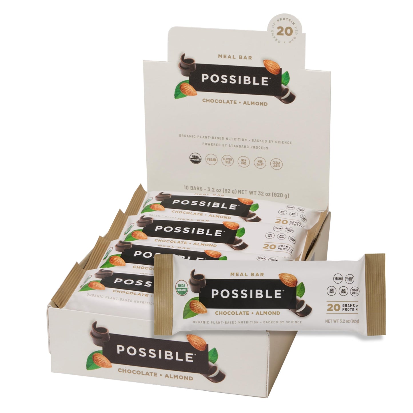 Possible High Protein Meal Bar - Vegan, Gluten-Free, USDA Organic - 20g Plant-Based Protein - 1 Box, 10 Bars - Chocolate Almond