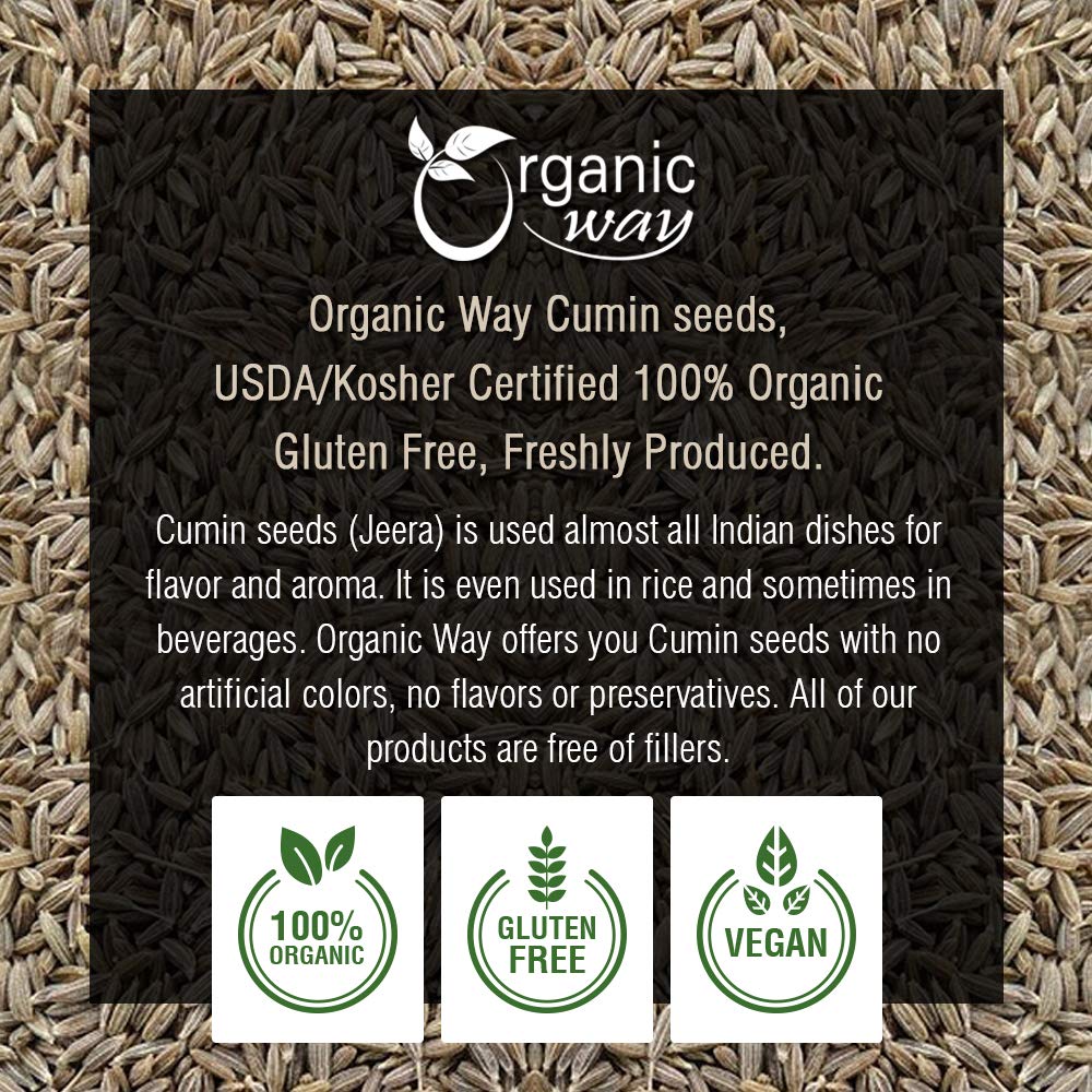 Organic Way Premium Cumin/Jeera Seeds Whole (Cuminum Cyminum) - Adds Flavour & Aroma | Organic & Kosher Certified | Raw, Vegan,