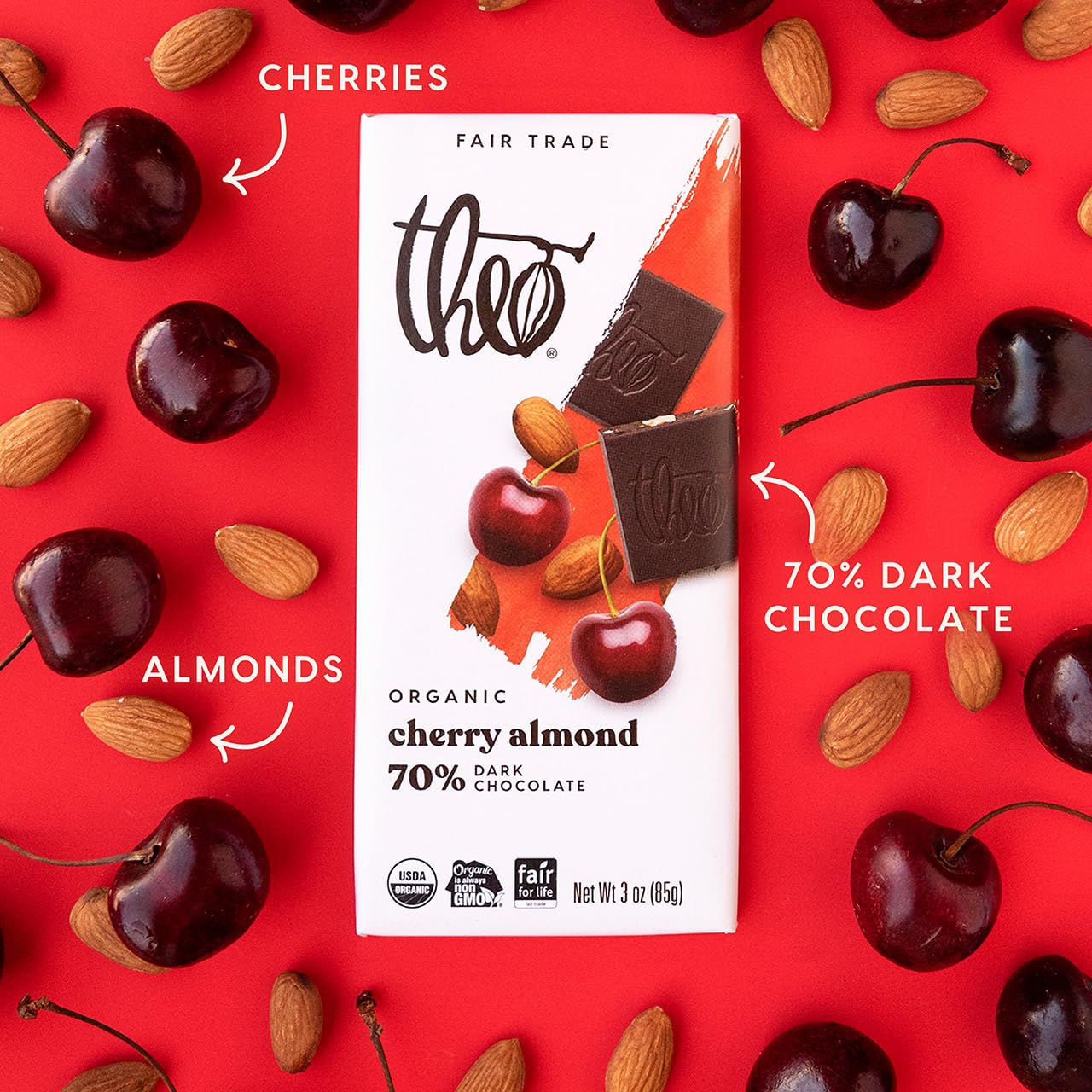Theo Chocolate Cherry Almond Organic Dark Chocolate Bar, 70% Cacao, 6 Pack | Vegan, Fair Trade