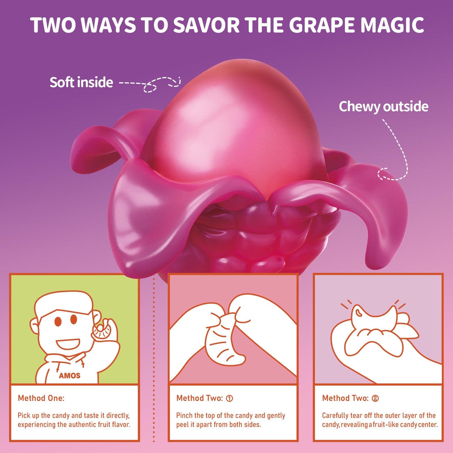 Amos Peelable Gummy Grape, Peelerz Gummy Grape Peeling Candy,Resealable 2.19Oz Bag Fruit Gummies(Pack Of 3)