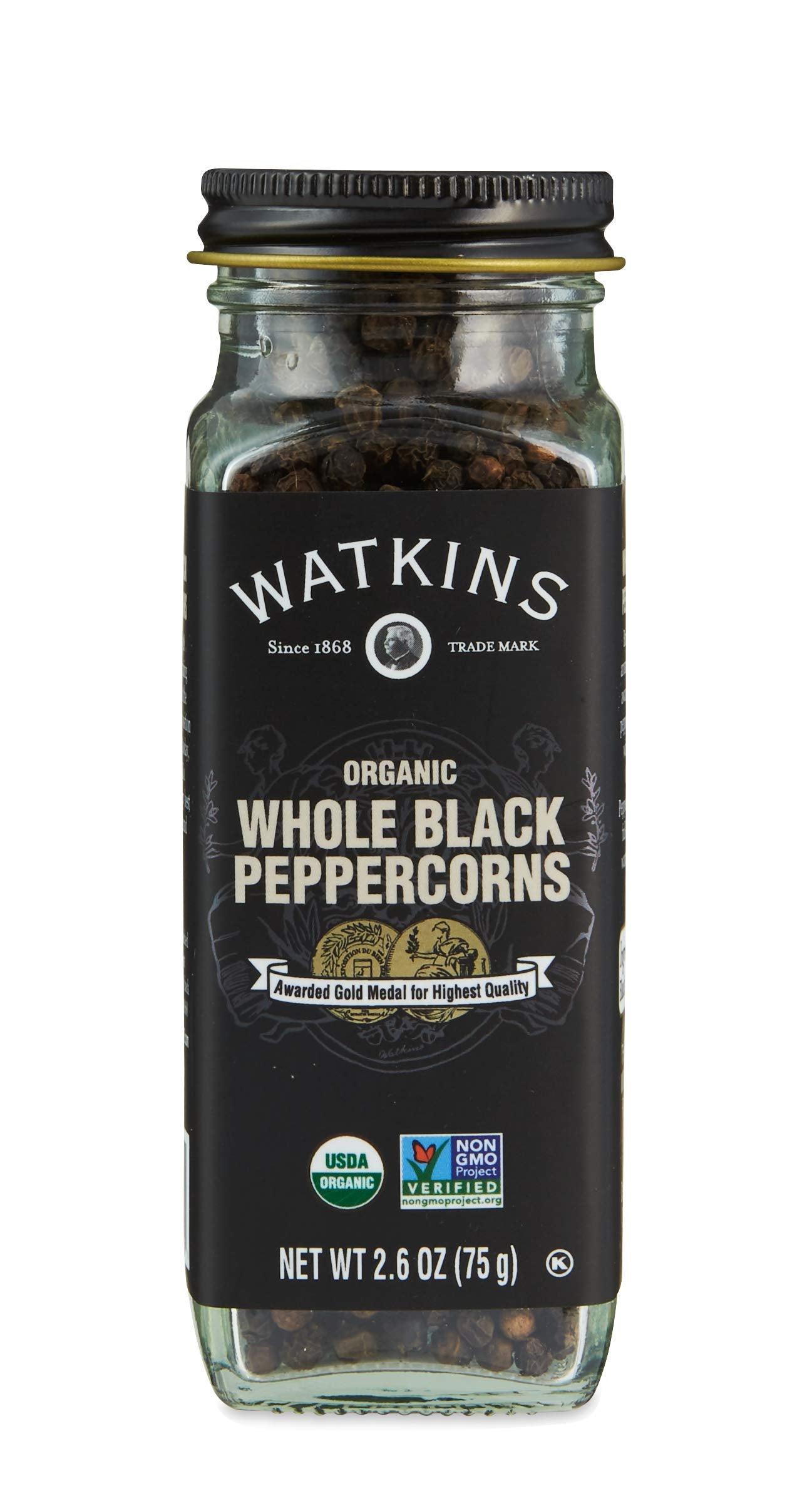 Watkins Gourmet Organic Whole Black Peppercorns, Non-GMO, Kosher, 2.6 oz Bottle