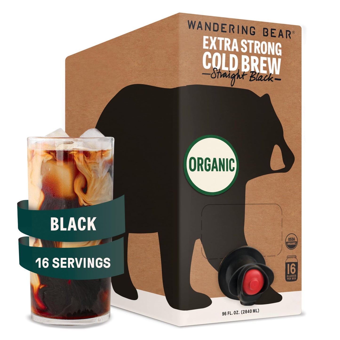 Wandering Bear Straight Black Organic Cold Brew Coffee On Tap, Iced Coffee, 96 fl oz - Extra Strong, Smooth, Unsweetened, Shelf-