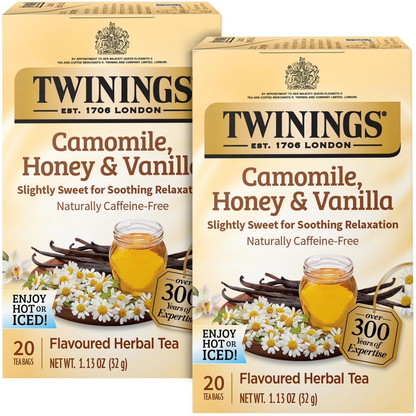 Twinings Camomile, Honey & Vanilla Herbal Tea - Naturally Caffeine-Free Camomile Tea Bags Individually Wrapped, 20 Count Ea (Pack of 2) 
