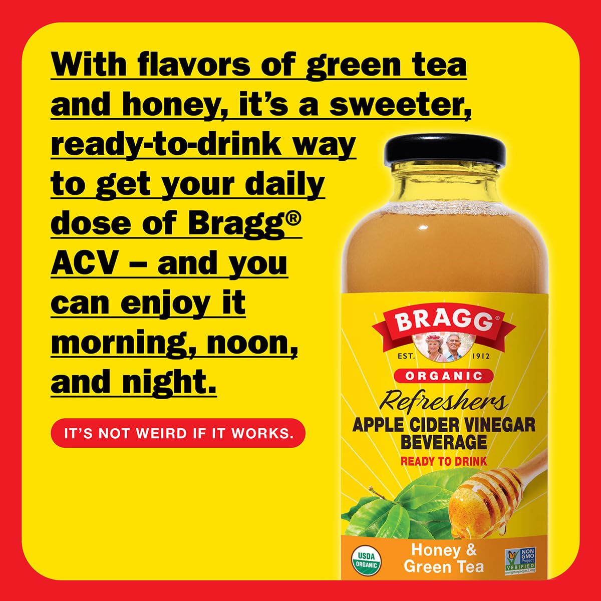 Bragg Organic Apple Cider Vinegar Beverage, Honey Green Tea, 16 Fl Oz, 2 Pack